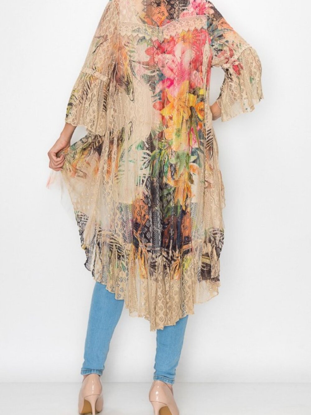 new ORIGAMI TROPICAL HAWAIIAN ALL LACE CARDIGAN KIMONO western boho CHIC SM-4X - Picture 10 of 11